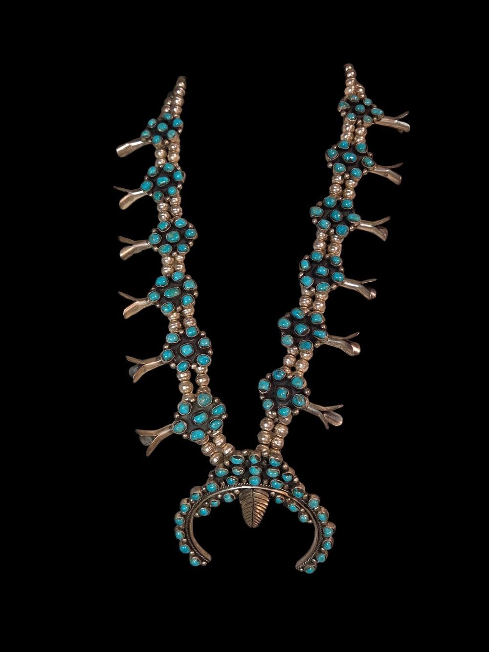 Vintage Navajo-Style Turquoise Cluster Squash Blossom Necklace, 320g